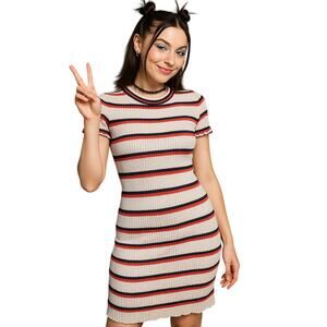 Free People Rib Knit Bodycon Dress XS White Red Black Purple Short Sleeve Fitted